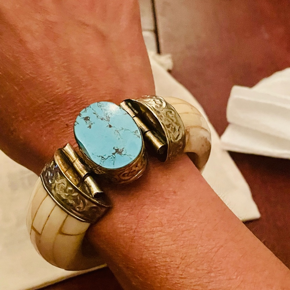 Vintage bone?, turquoise, and silver bangle. Stunning.